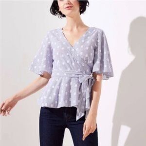 Loft blue and white striped and polkadot wrap peplum top with short sleeves size